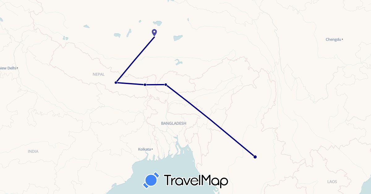 TravelMap itinerary: driving in Bhutan, China, Myanmar (Burma), Nepal (Asia)